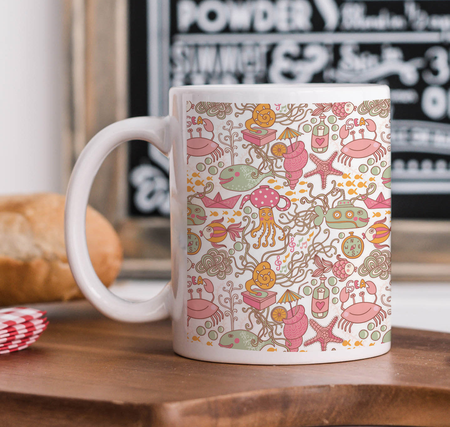 Sea Cartoon set seamless pattern Combo Mugs and Coaster(Set of 2 Mugs and 2 coasters) 330 ml Coffee Mug