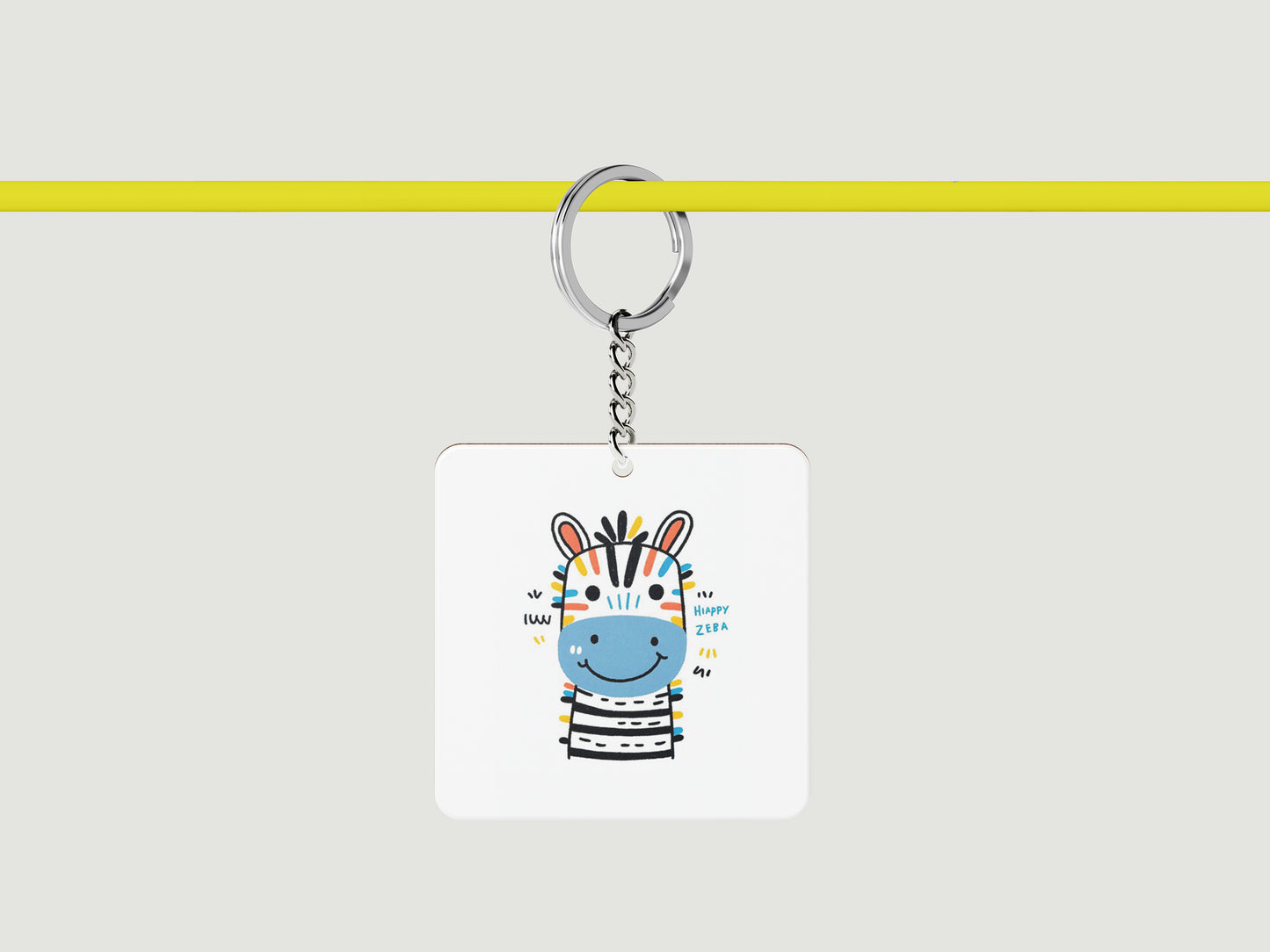 Colorful Standing Zebra Printed Square Shape Wooden Keyring with Chain