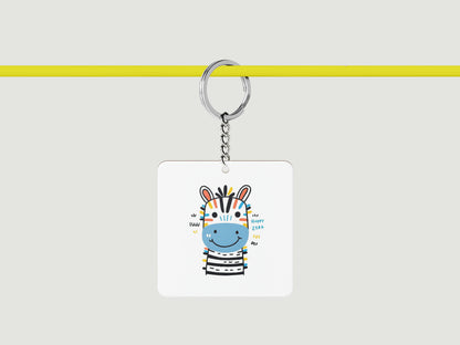 Colorful Standing Zebra Printed Square Shape Wooden Keyring with Chain
