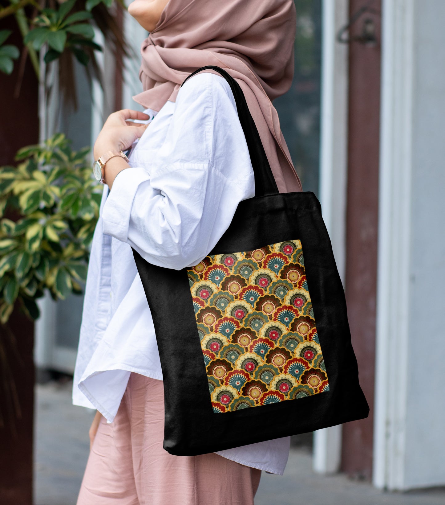 Colorful mandala seamless illustration Design Printed Black Patch With Pocket Tote Bag (14 X 16 Inches) For Shopping, College, Travel