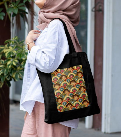 Colorful mandala seamless illustration Design Printed Black Patch With Pocket Tote Bag (14 X 16 Inches) For Shopping, College, Travel