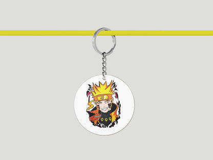 Artistic Impression Naruto Uzumaki Printed Circle Shape Wooden Keyring with Chain