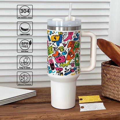 A colorful pattern Printed 850ML with Lid Leak Proof Big Travel Tumbler with Handle and Straw