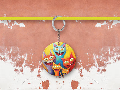 Cartoon cat group watercolor Artwork Printed Round Circle Shape Wooden Keyring with Chain