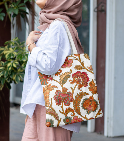 Floral art Printed Design White Tote Bag (14 X 16 Inches) For Shopping, College, Travel