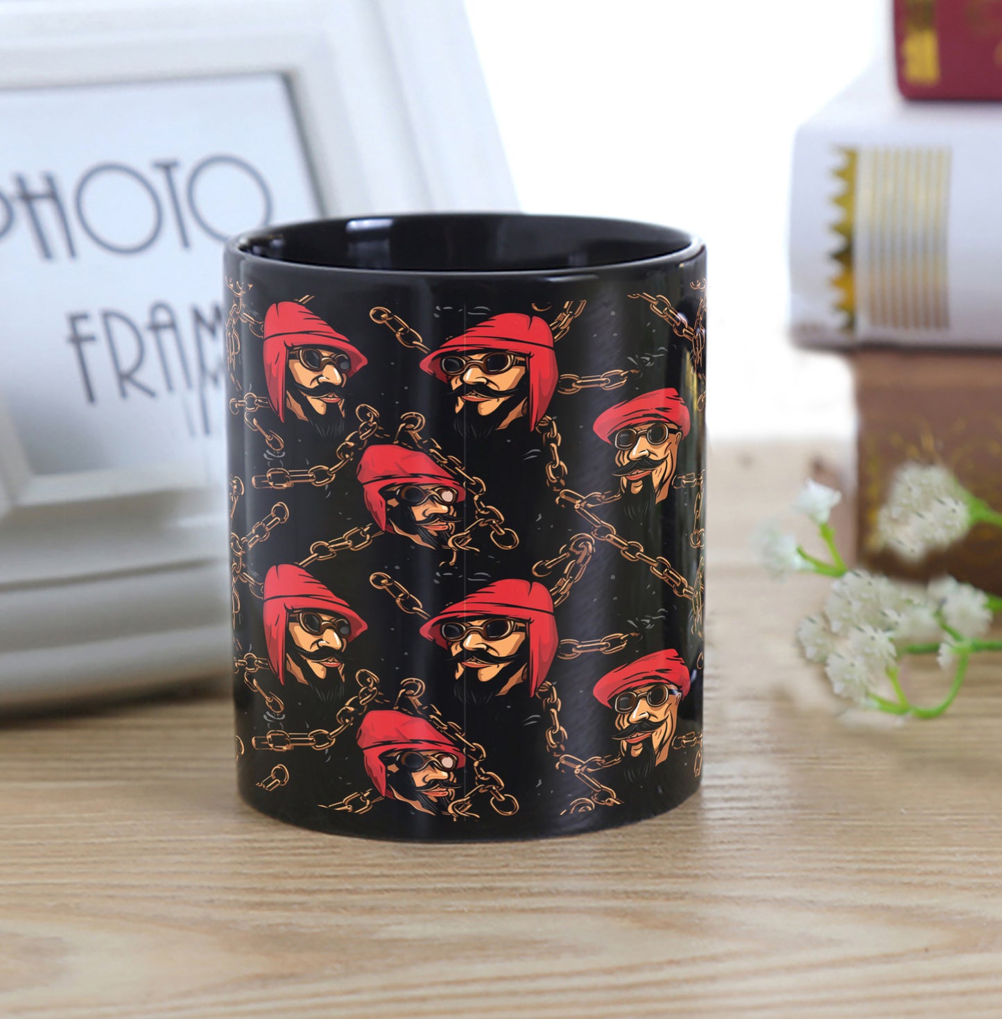 Pirate Chain Pattern Combo Mugs and Coaster(Set of 2 Mugs and 2 coasters) 330 ml Full Black Coffee Mug