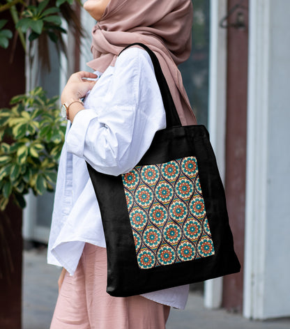 Ethnic mandala ornament illustration Design Printed Black Patch With Pocket Tote Bag (14 X 16 Inches) For Shopping, College, Travel