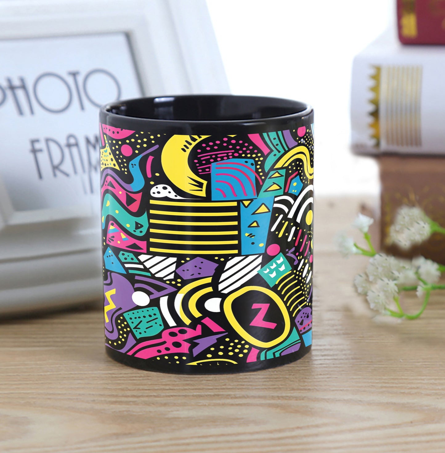Doodle Art Seamless Shapes and Textures Pattern Combo Mugs and Coaster(Set of 2 Mugs and 2 coasters) 330 ml Full Black Coffee Mug