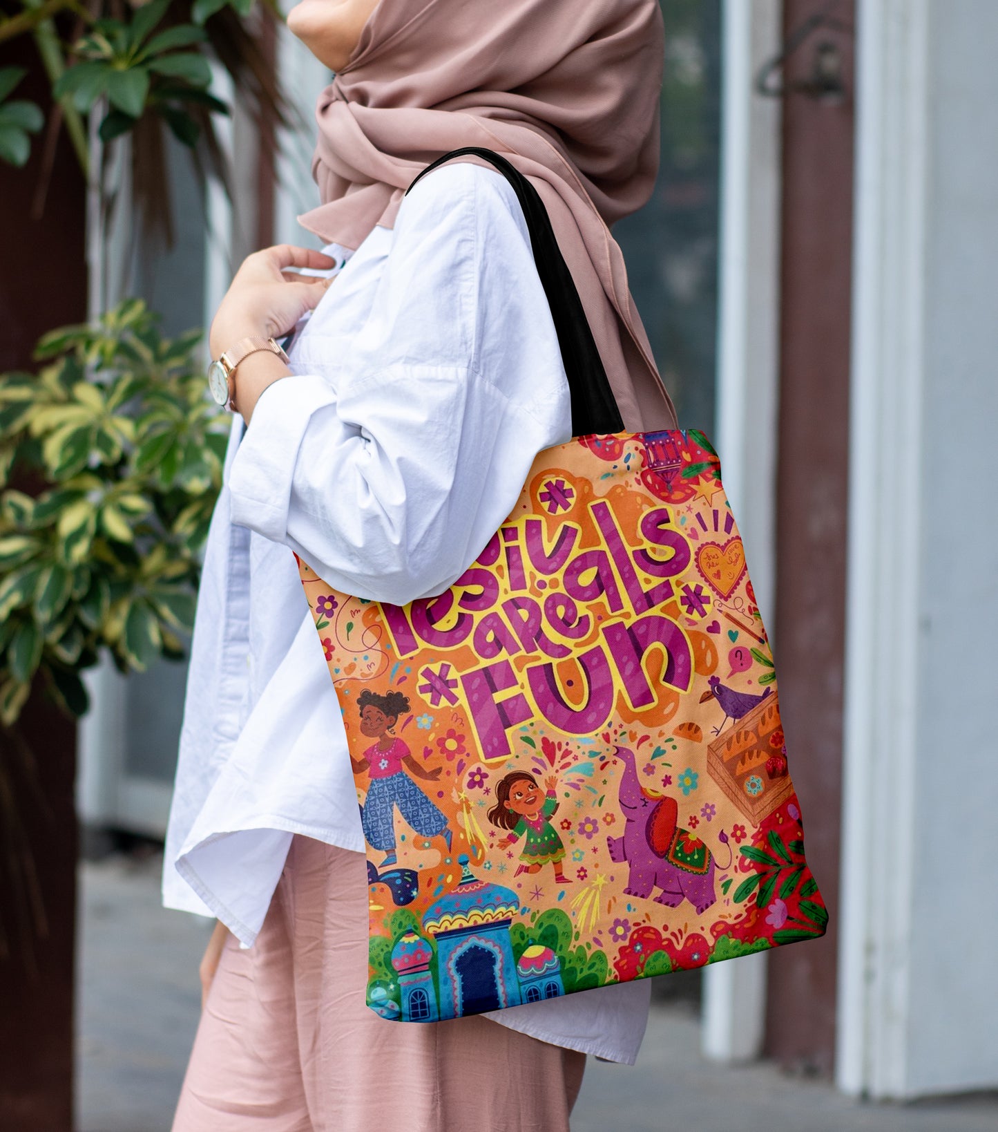 Festivals Are Fun Design Printed Black Handle Tote Bag (14 X 16 Inches) For Shopping, College, Travel