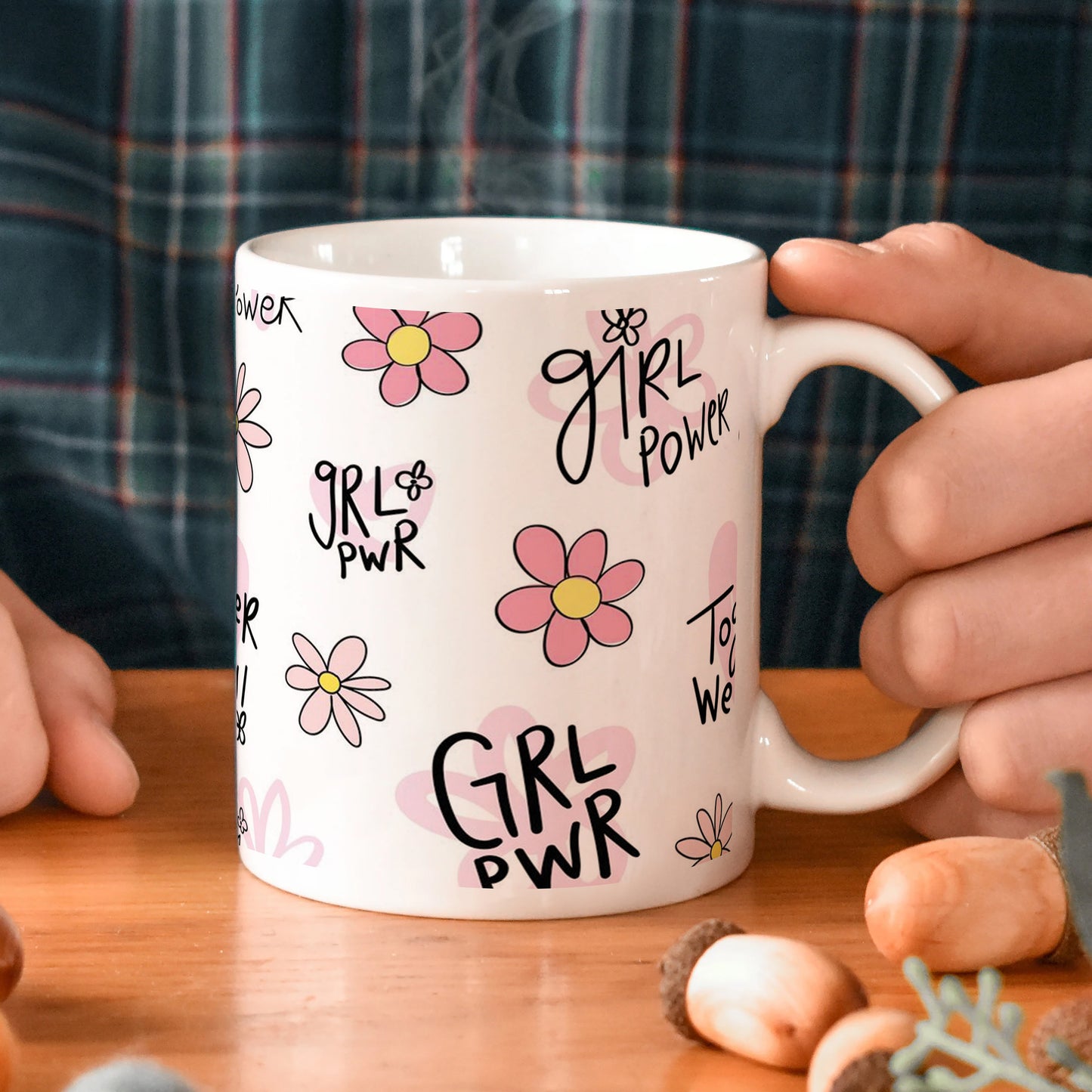 cute pink flower and heart drawings Seamless pattern White 330 ml Coffee Mug