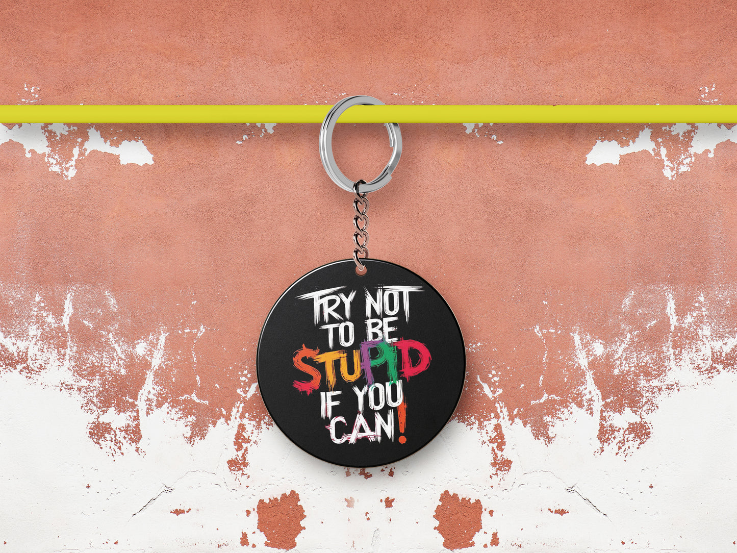 TRY NOT TO BE STUPID IF YOU CAN Printed Round Circle Shape Wooden Keyring with Chain