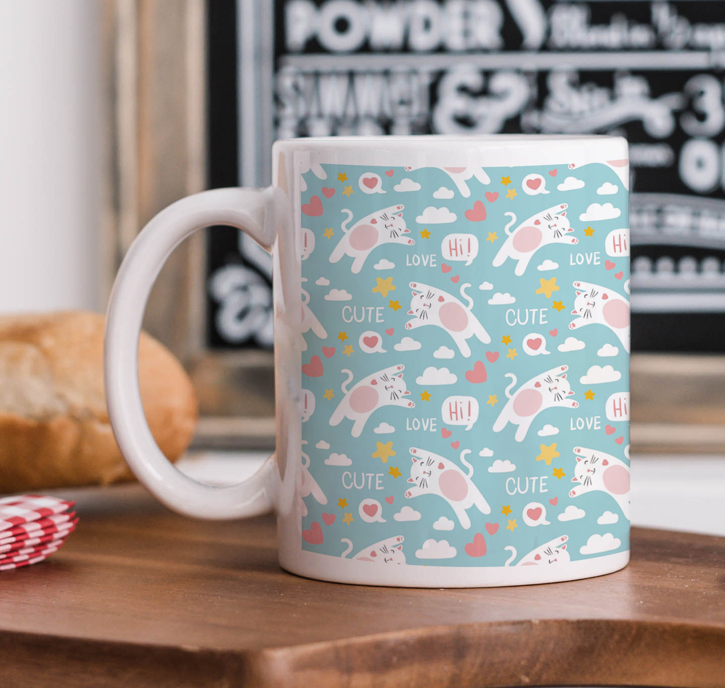 Hand Drawn Cats Words Pattern Mug and Coaster 330 ml Coffee Mug