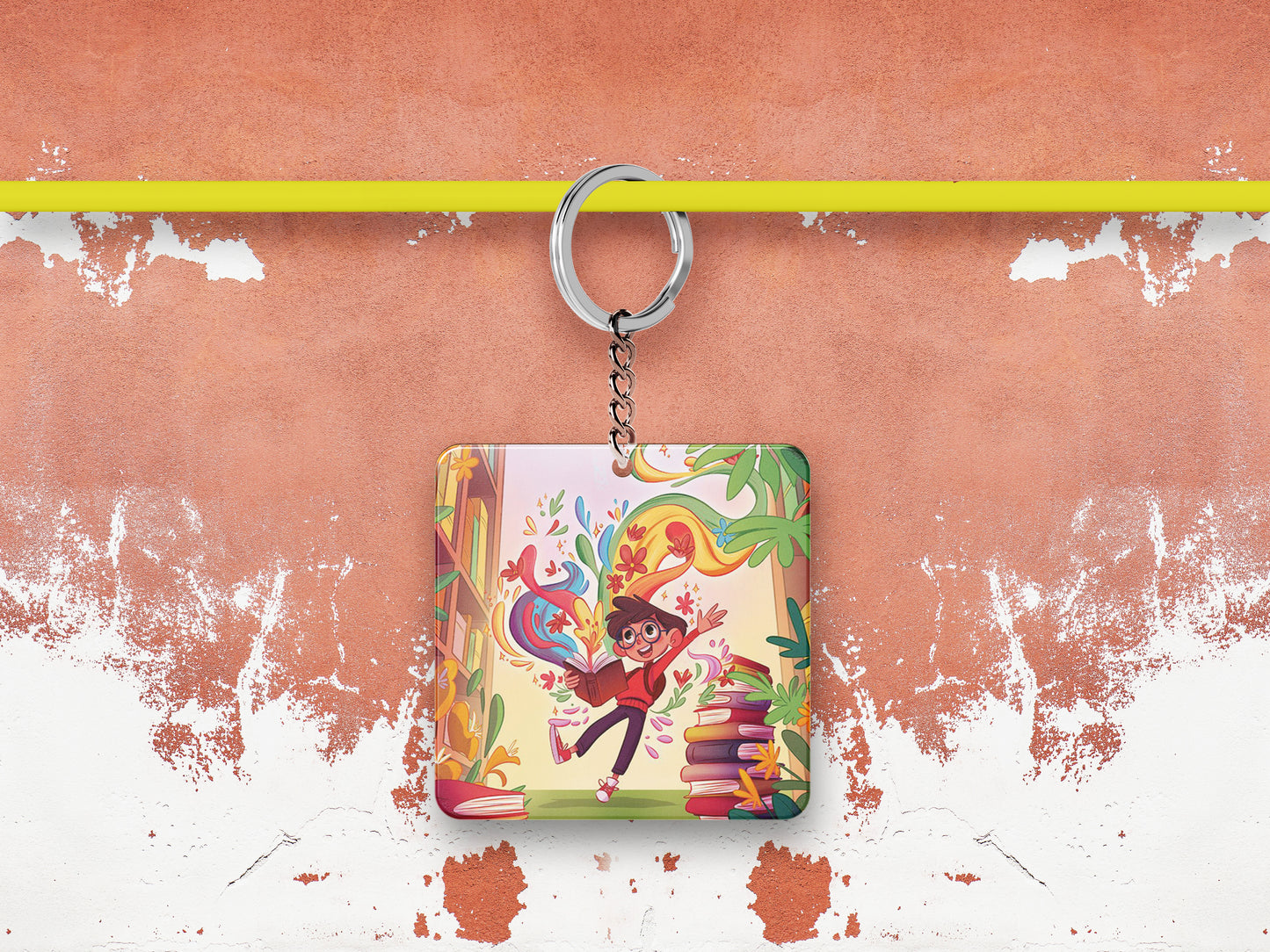 Colorful School Library Books Printed Square Shape Wooden Keyring with Chain