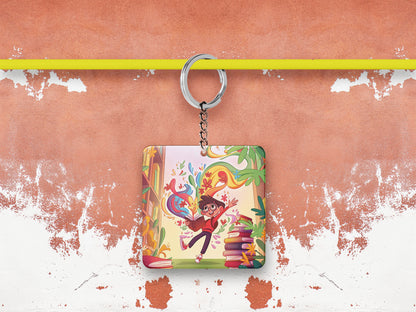 Colorful School Library Books Printed Square Shape Wooden Keyring with Chain