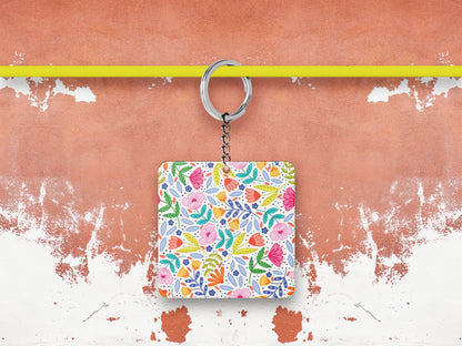 Amazing seamless floral pattern Printed Square Shape Wooden Keyring with Chain