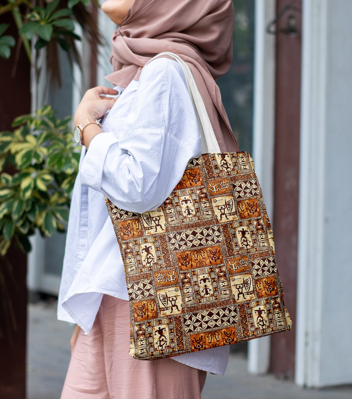 Tribal Tropical art pattern Printed Design White Tote Bag (14 X 16 Inches) For Shopping, College, Travel
