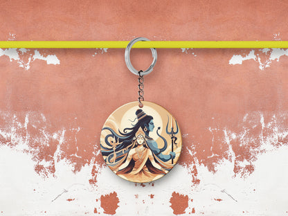 Maha Shivratri Lord Shiva Artwork, Mahadev illustration Printed Round Circle Shape Wooden Keyring with Chain