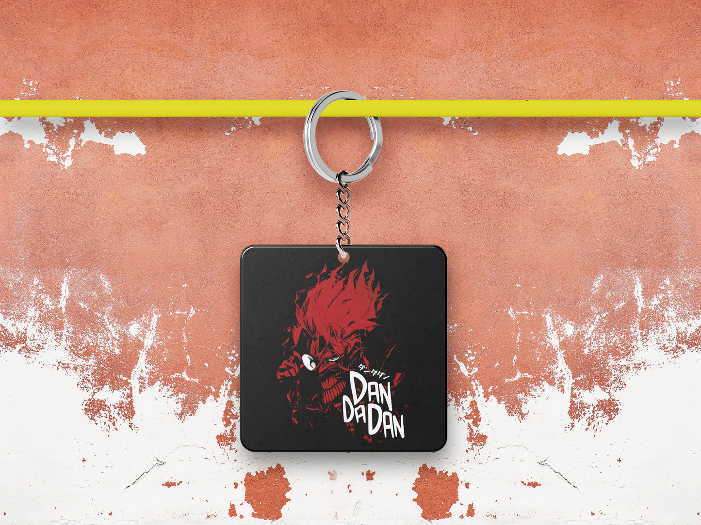 Red Rage Dandadan Printed Square Shape Wooden Keyring with Chain