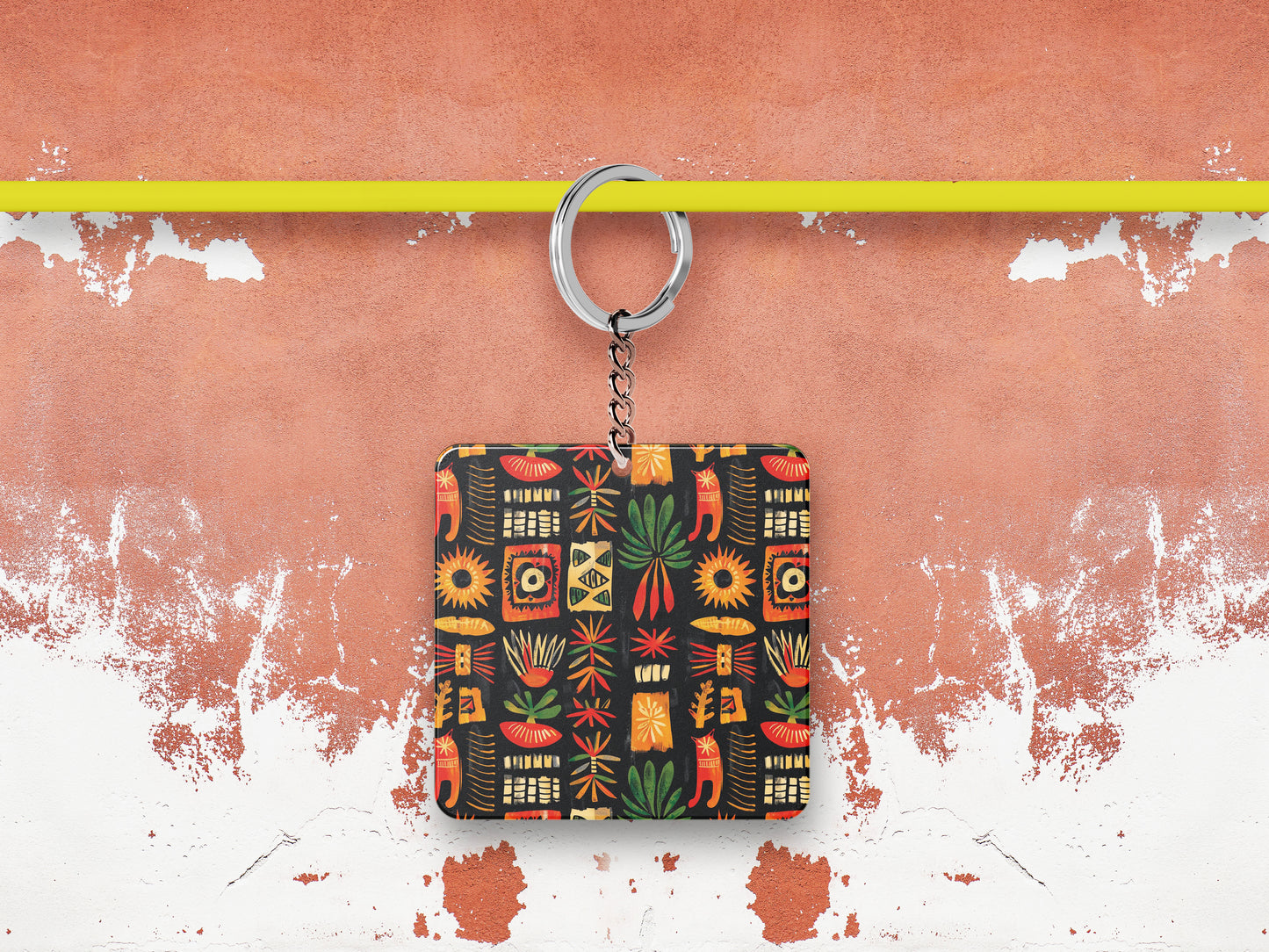 African Tribal Pattern Printed 330 ml White Coffee Mug with Square Shape Wooden Keyring and Chain