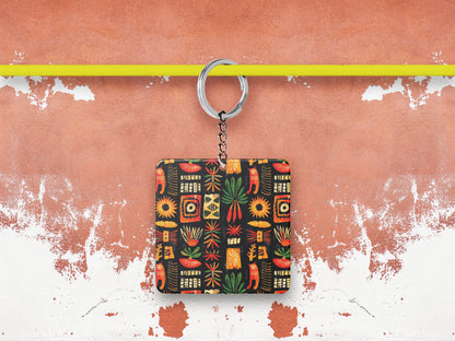 African Tribal Pattern Printed 330 ml White Coffee Mug with Square Shape Wooden Keyring and Chain