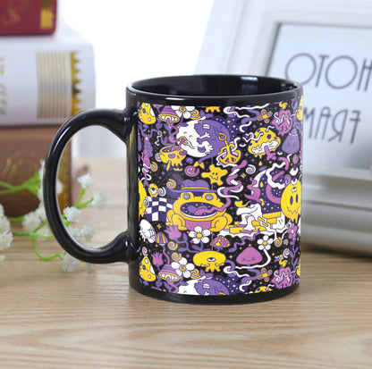 Trippy pattern Design Full Black 330 ml Coffee Mug with Coaster