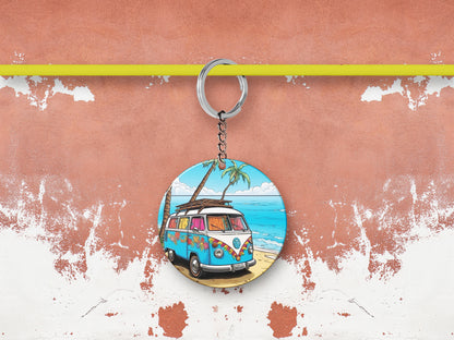 Camping Van on Morning Sun Beach Printed Round Circle Shape Wooden Keyring with Chain