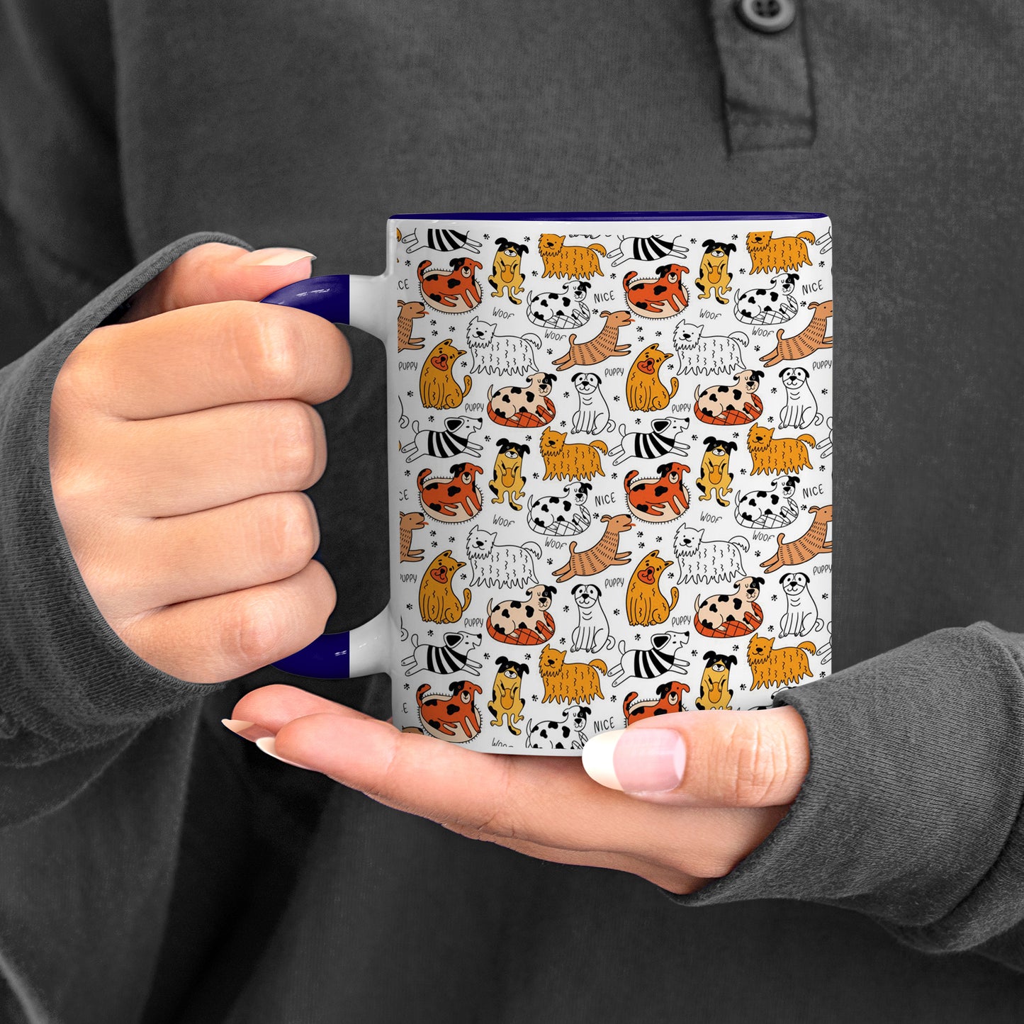 Dog breeds vector leaves design Pattern Dark Blue Handle 330 ml Coffee Mug