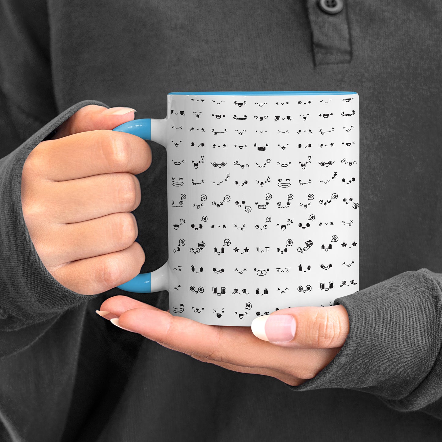 Kawaii faces doodle art design Pattern Sky Blue Handle 330 ml Coffee Mug