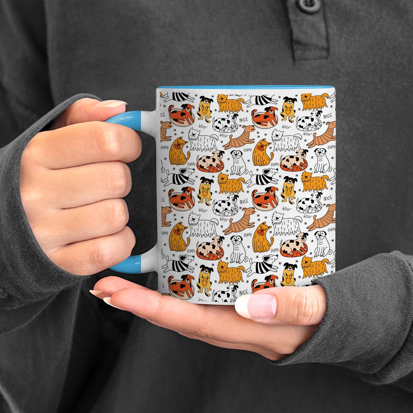 Dog breeds vector leaves pattern  design Pattern Sky Blue Handle 330 ml Coffee Mug