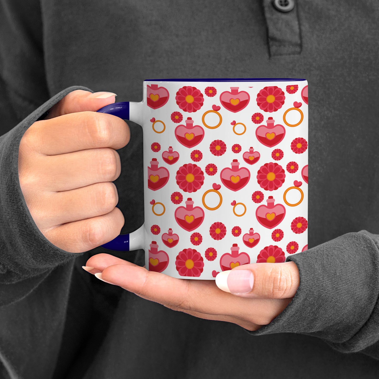 Red seamless love element design Pattern Dark Blue Handle 330 ml Coffee Mug