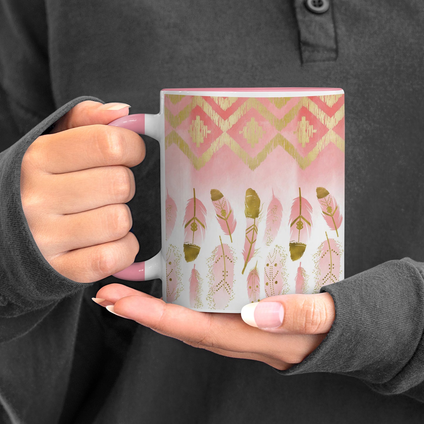 Pink plumas design Pattern Lite Pink Handle 330 ml Coffee Mug