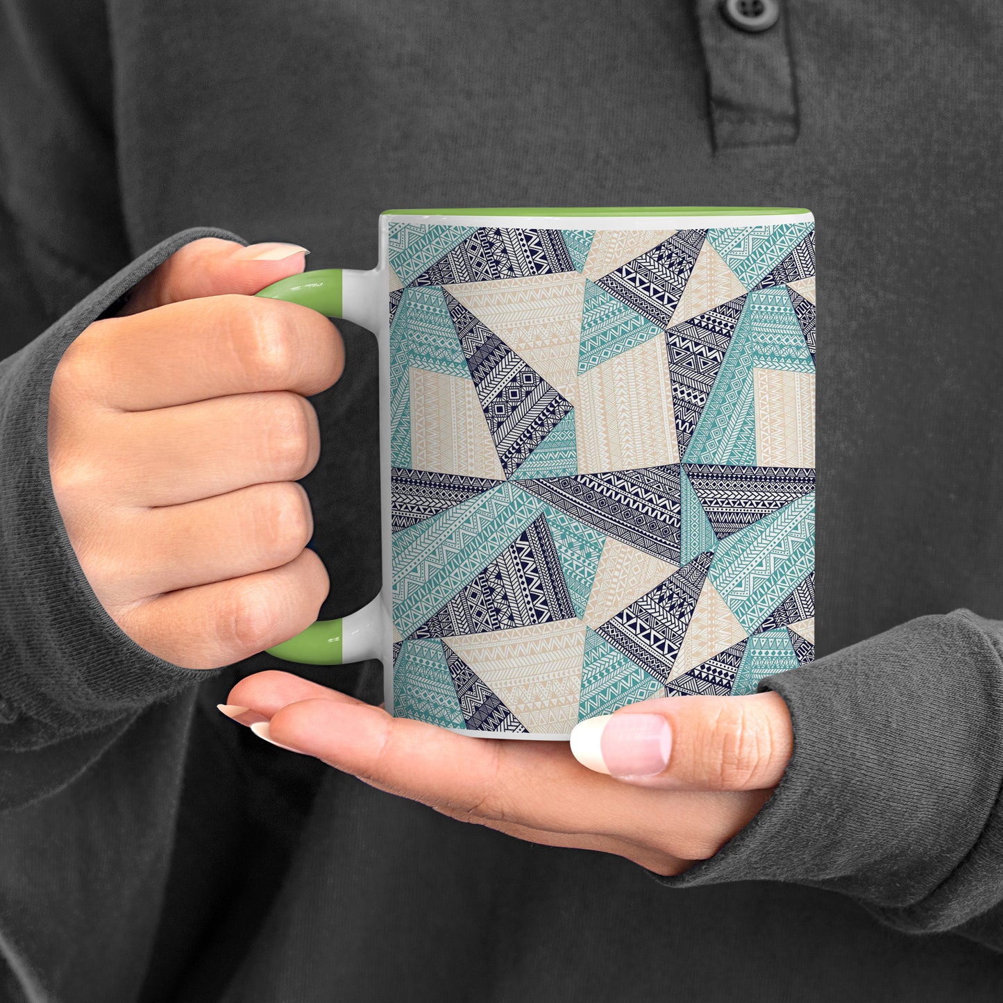 triangle seamless pattern in patchwork style design Pattern Lite Green Handle 330 ml Coffee Mug
