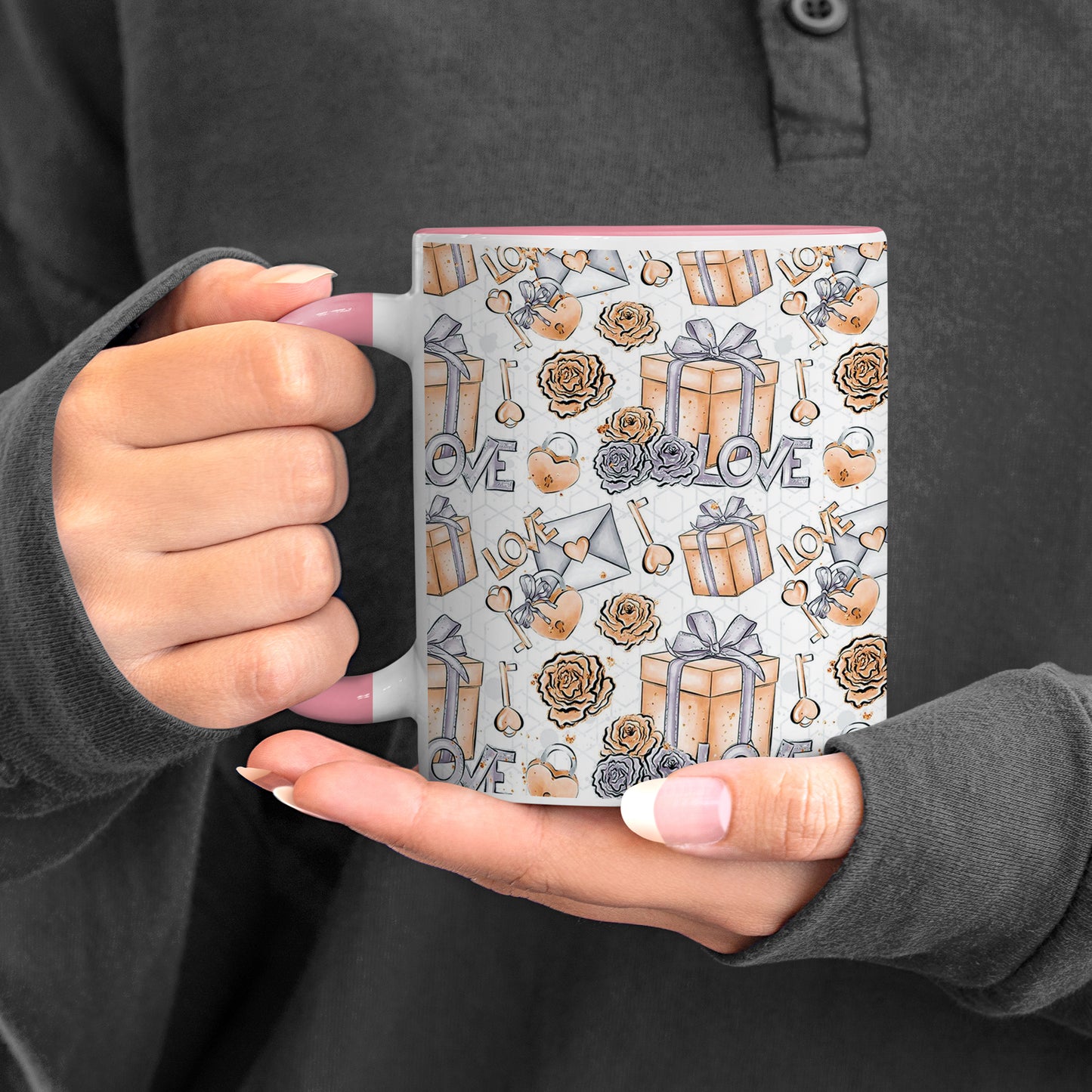 Gift box design Pattern Lite Pink Handle 330 ml Coffee Mug