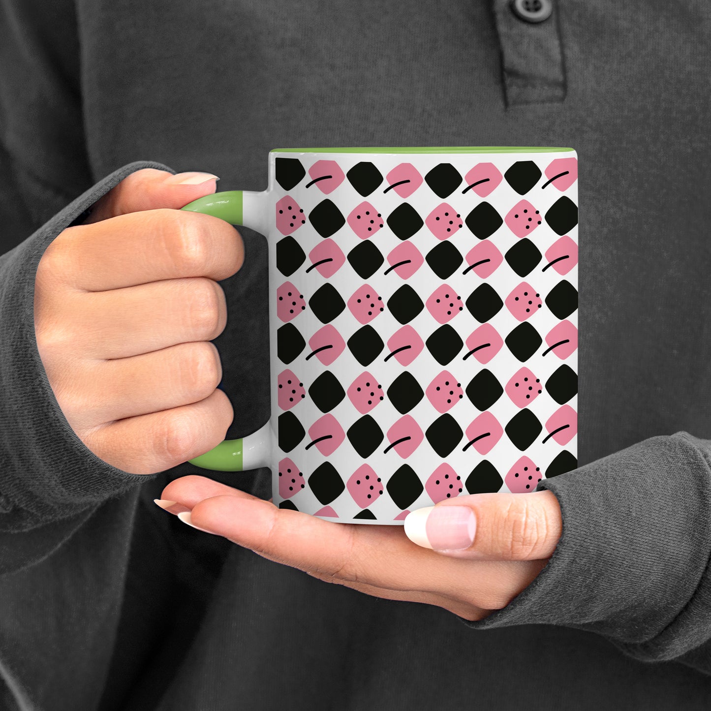 Black N Pink square vector leaves pattern (2) Pattern Lite Green Handle 330 ml Coffee Mug