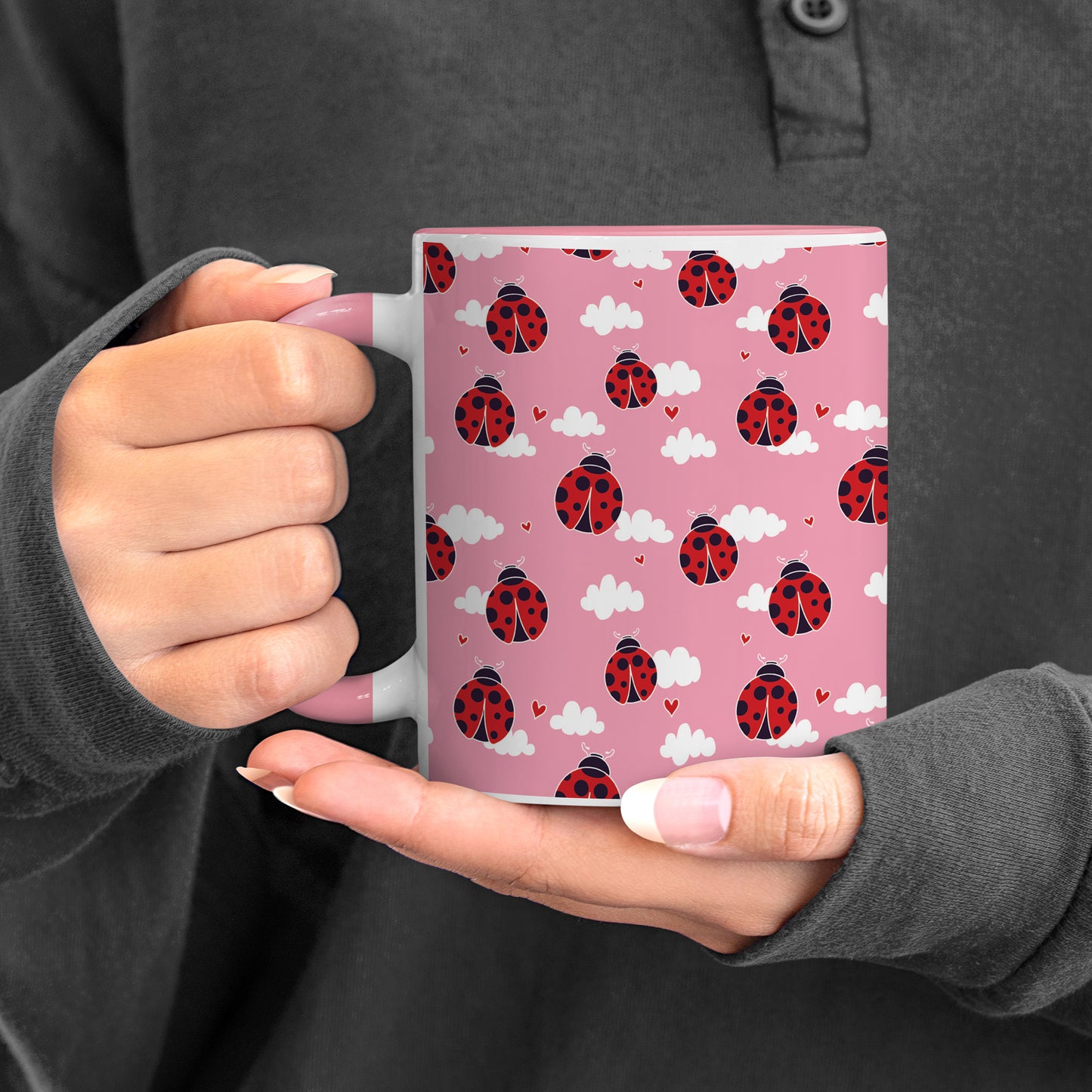 Ladybug pattern design Pattern Lite Pink Handle 330 ml Coffee Mug