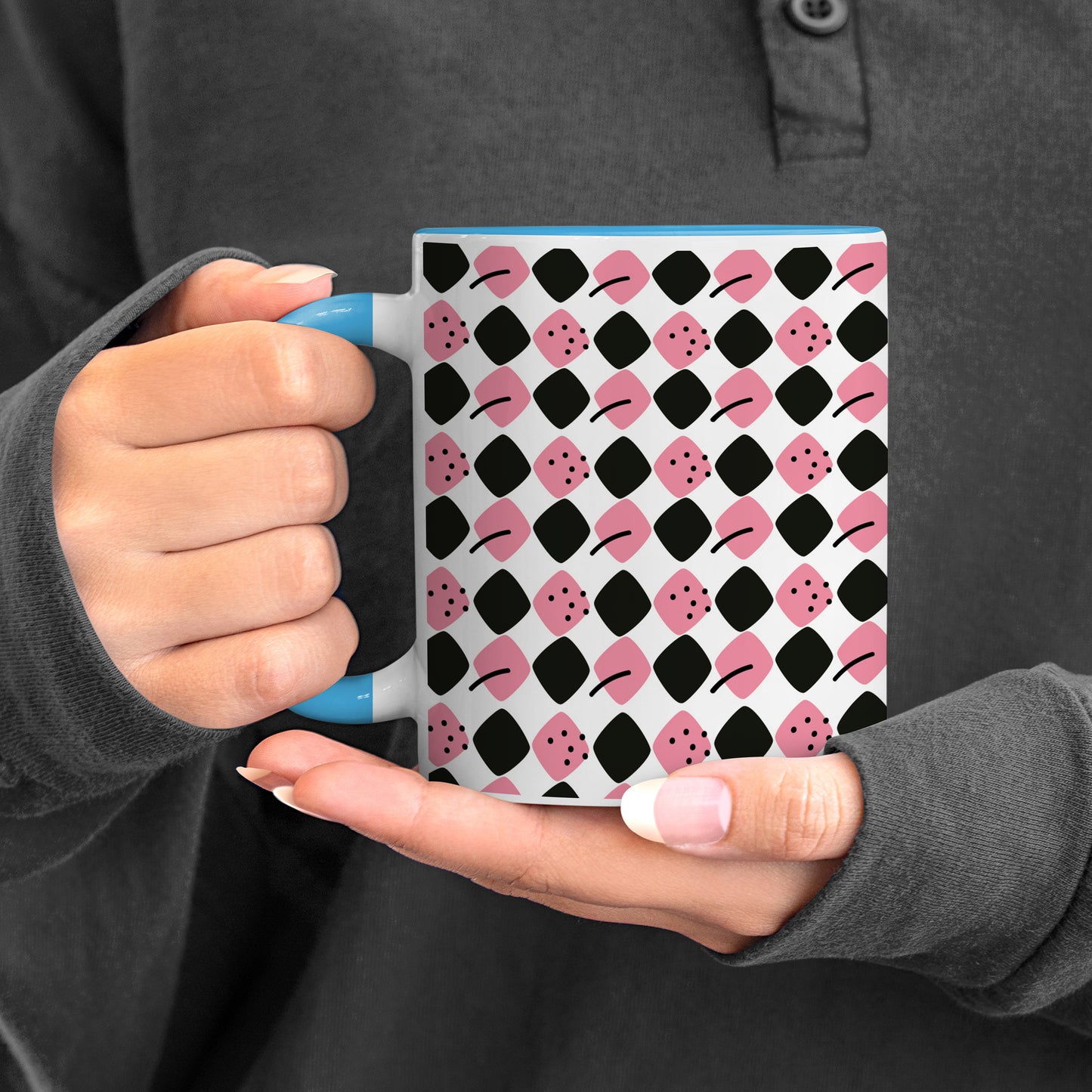 Black N Pink square vector leaves Pattern Sky Blue Handle 330 ml Coffee Mug