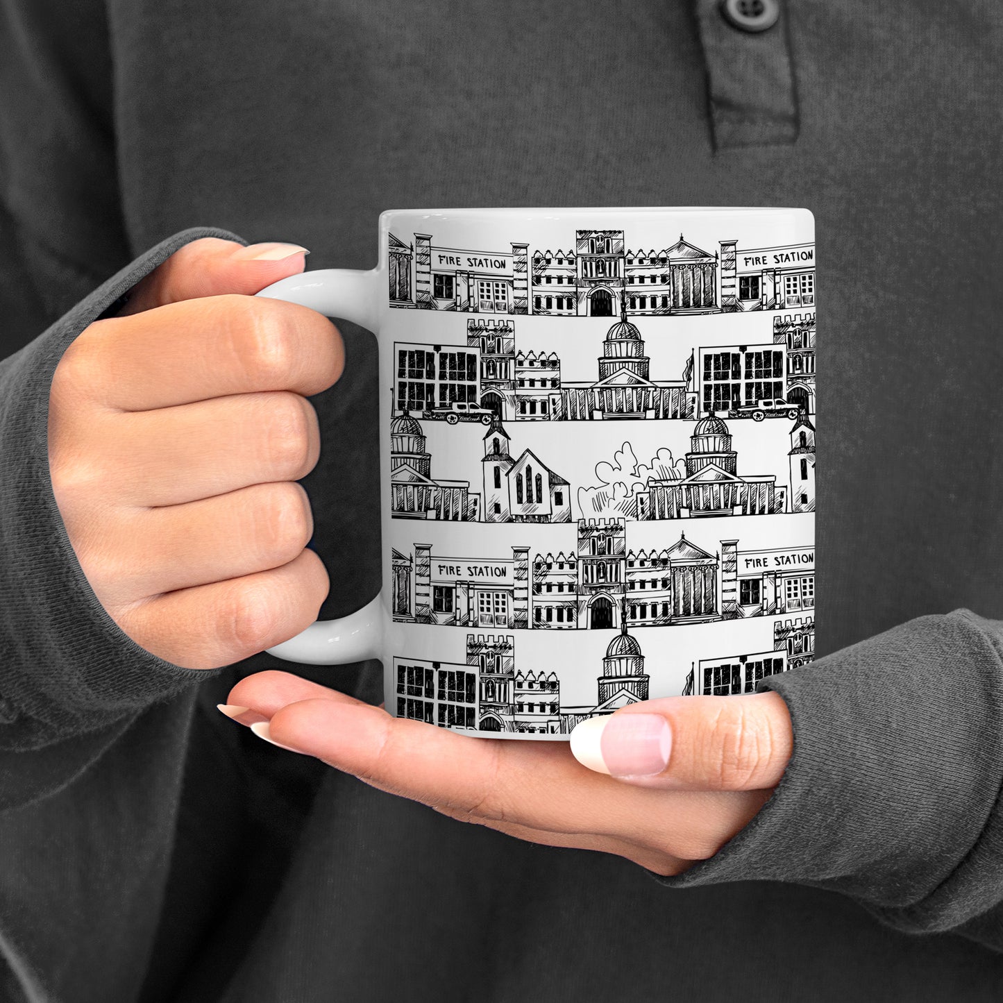 Black in white hand drawing city design White 330 ml Coffee Mug