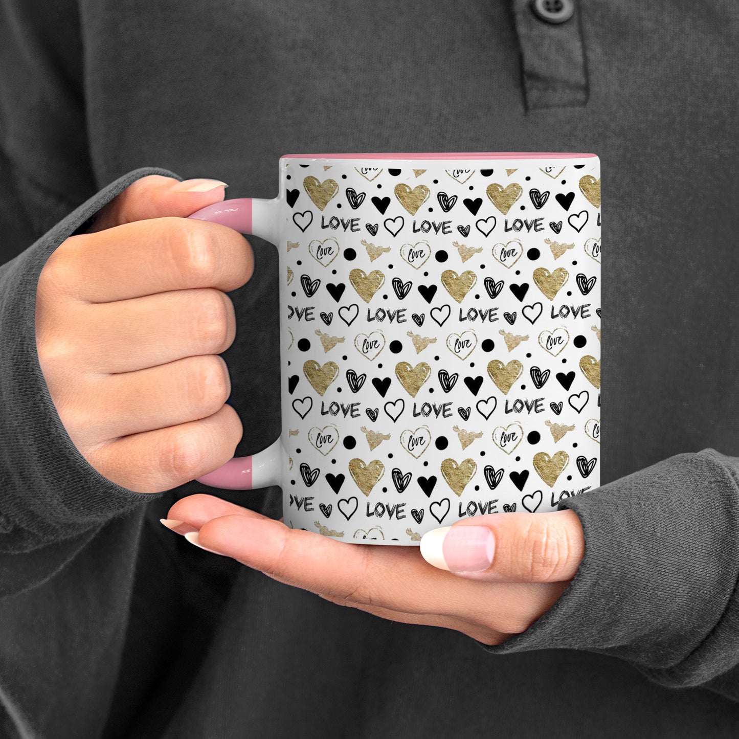 Hand drawn golden and black hearts design Pattern Lite Pink Handle 330 ml Coffee Mug