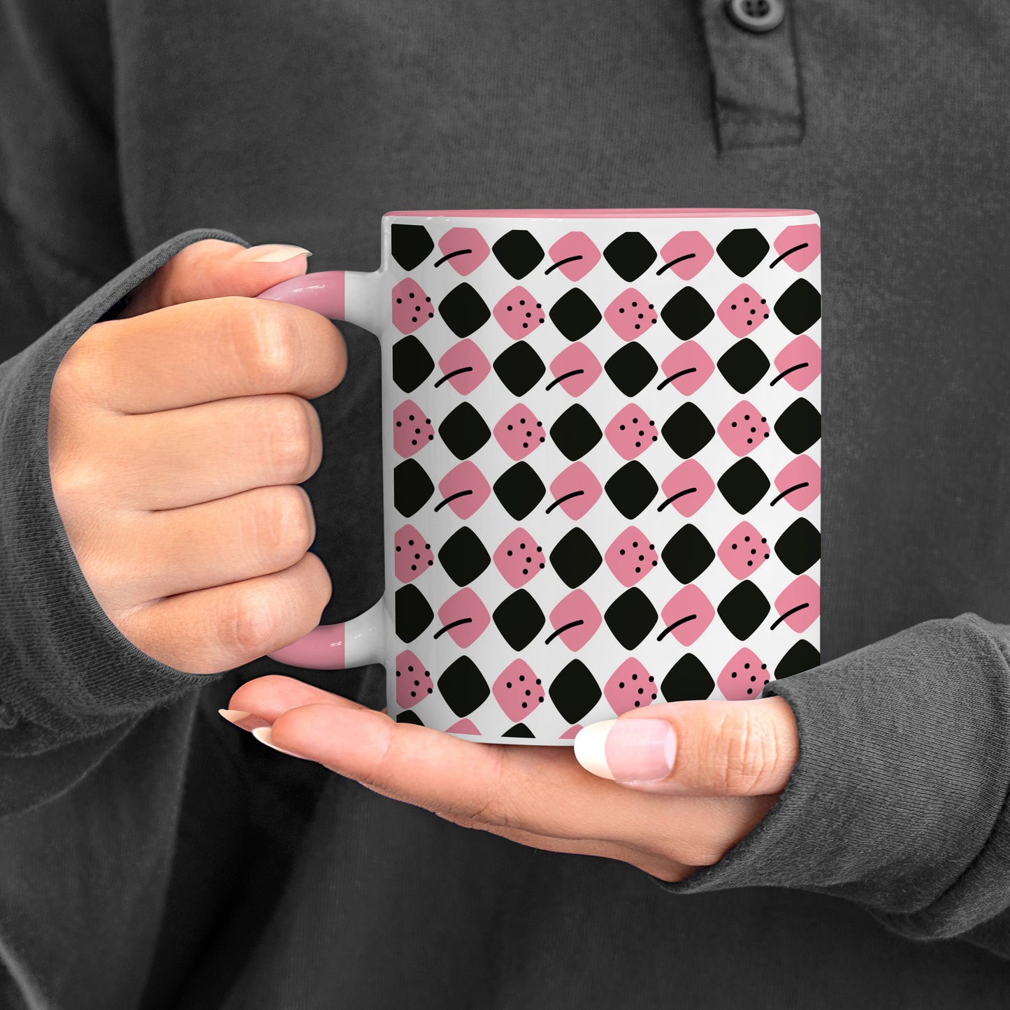 Black N Pink square vector leaves Pattern Lite Pink Handle 330 ml Coffee Mug