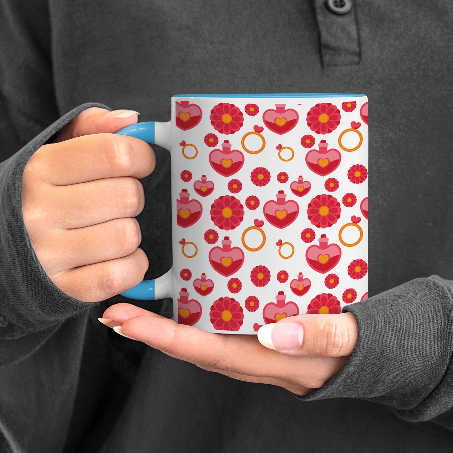 Red seamless love element design Pattern Sky Blue Handle 330 ml Coffee Mug