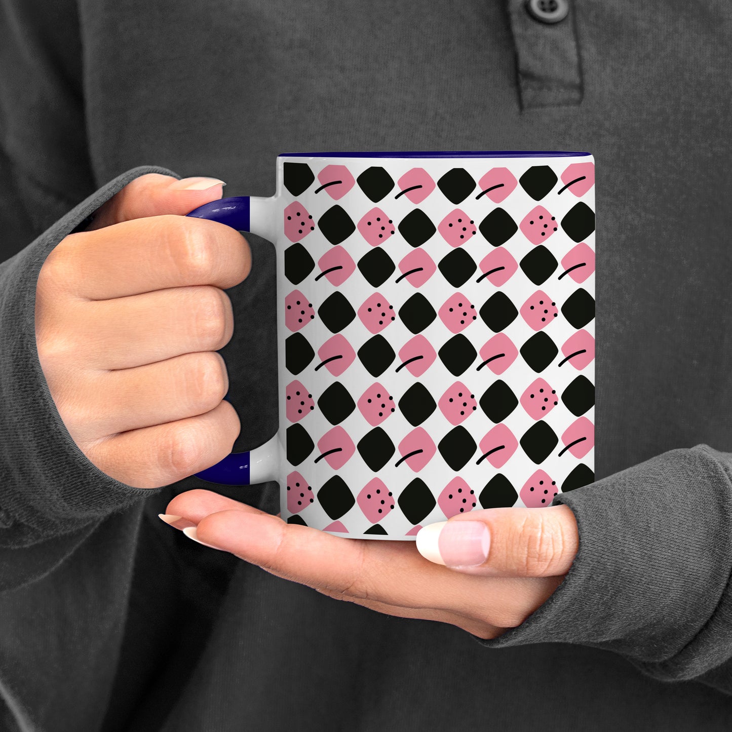 Black N Pink square vector leaves Pattern Dark Blue Handle 330 ml Coffee Mug