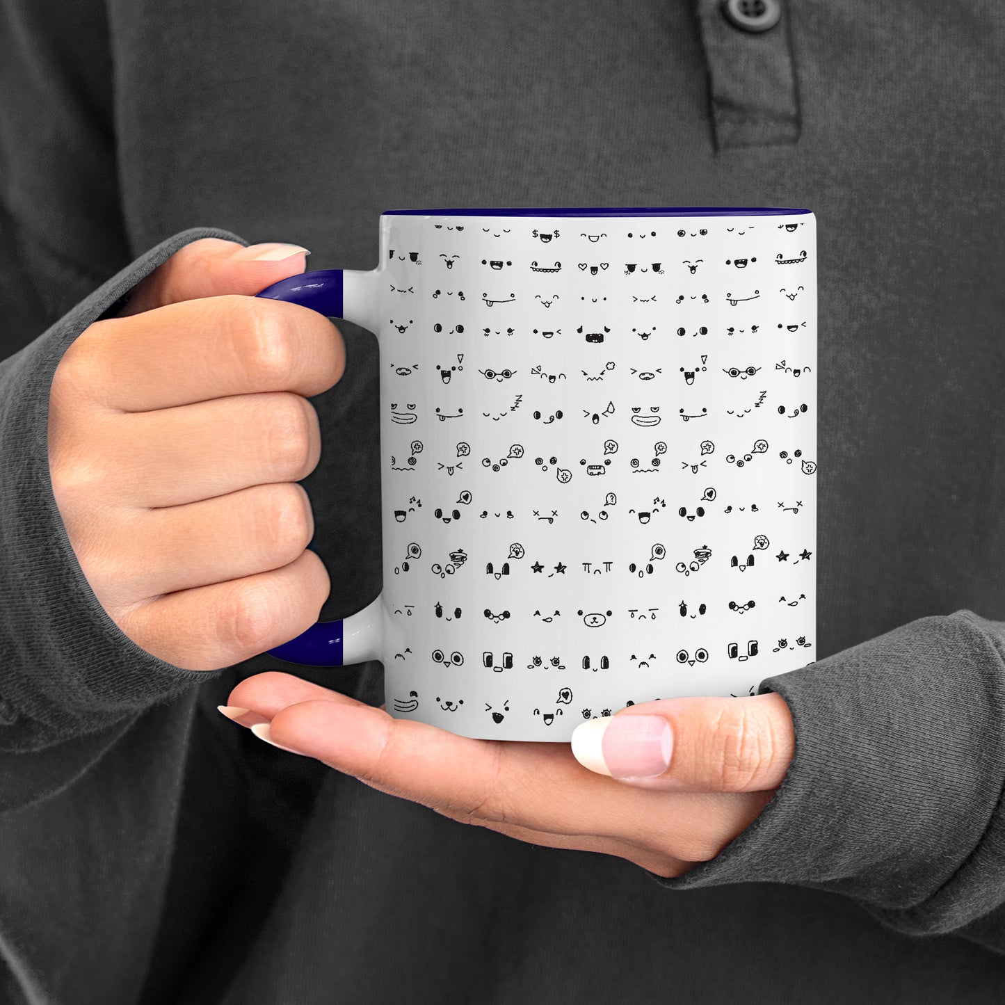 kawaii faces doodle art design Pattern Dark Blue Handle 330 ml Coffee Mug