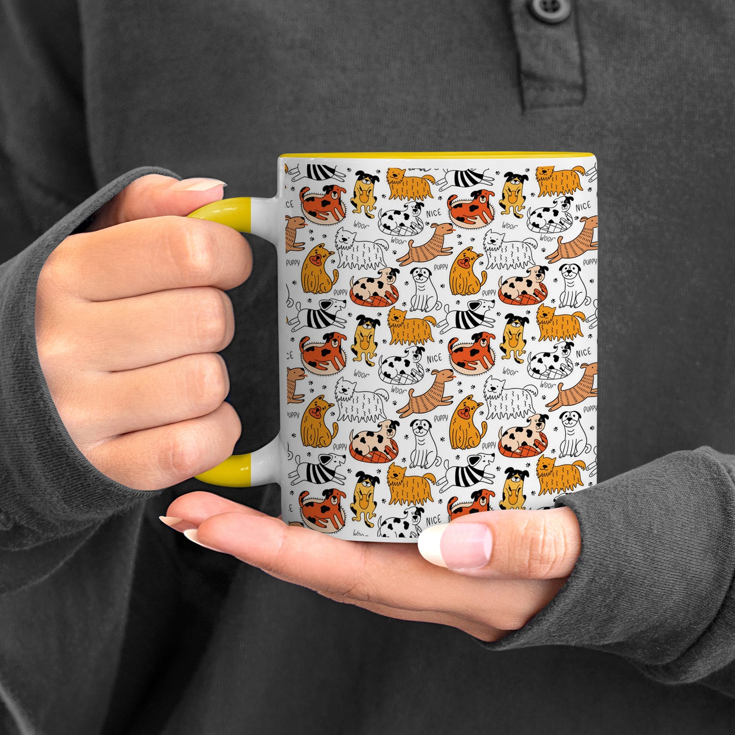 Dog breeds vector leaves pattern  design Pattern Yellow Handle 330 ml Coffee Mug