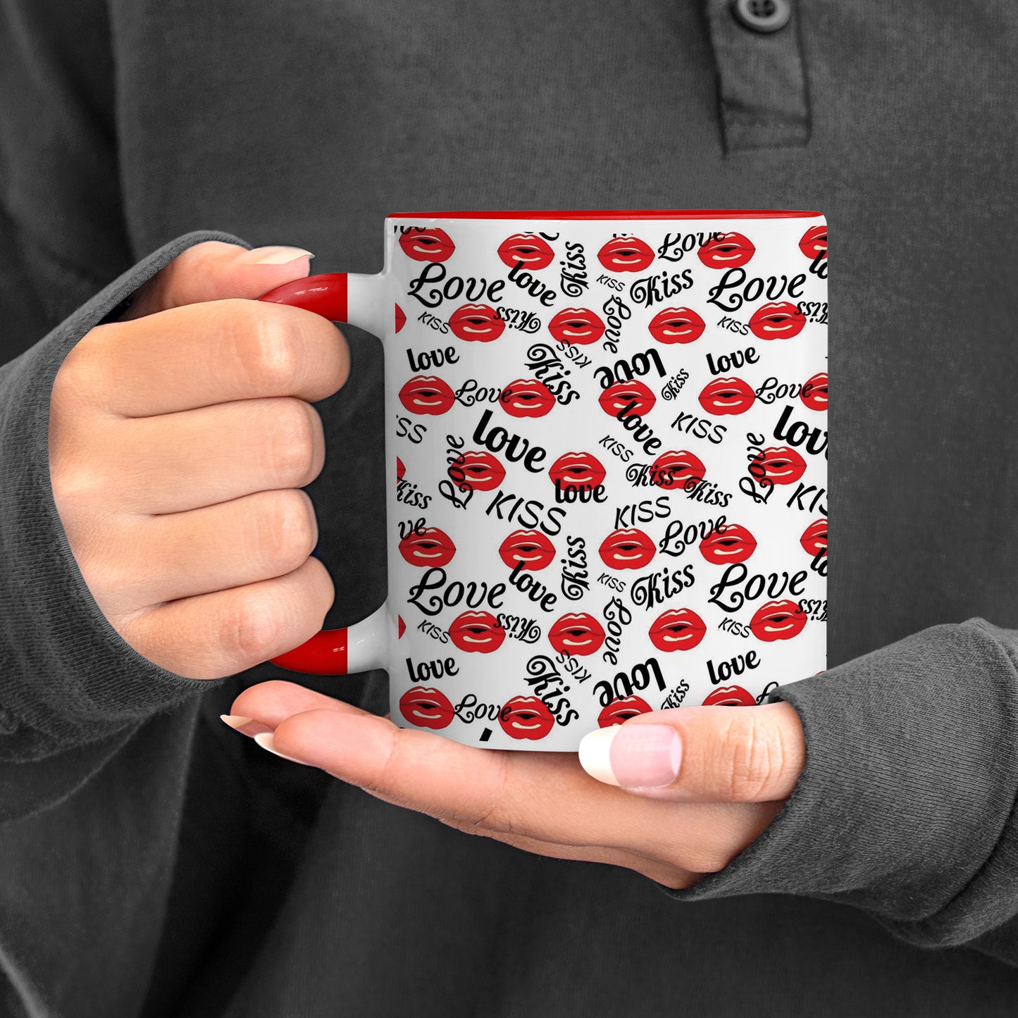 Red kissing lips vector Pattern design Red Handle 330 ml Coffee Mug