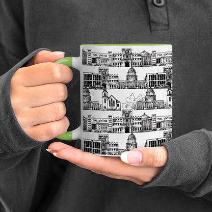 Black in white hand drawing city design Pattern Light Green Handle 330 ml Coffee Mug