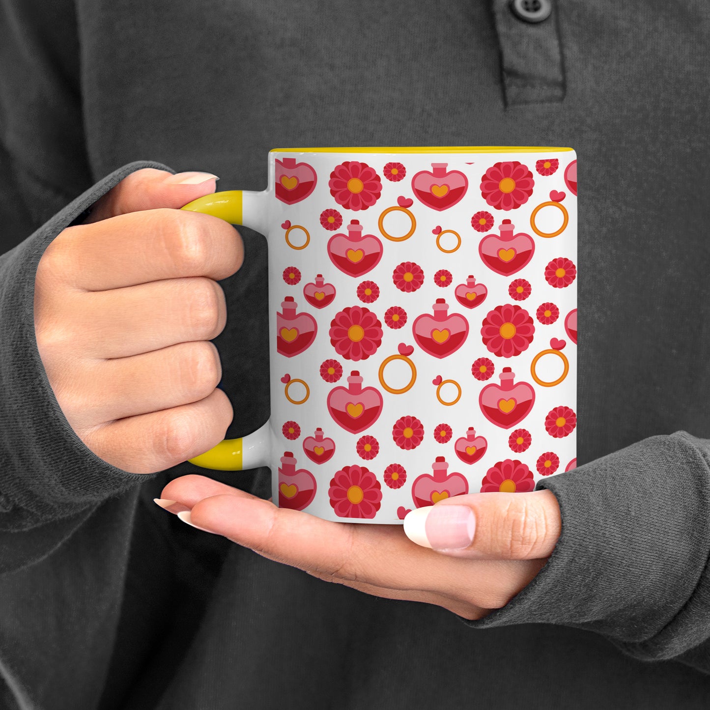 red seamless love element pattern design Pattern Yellow Handle 330 ml Coffee Mug