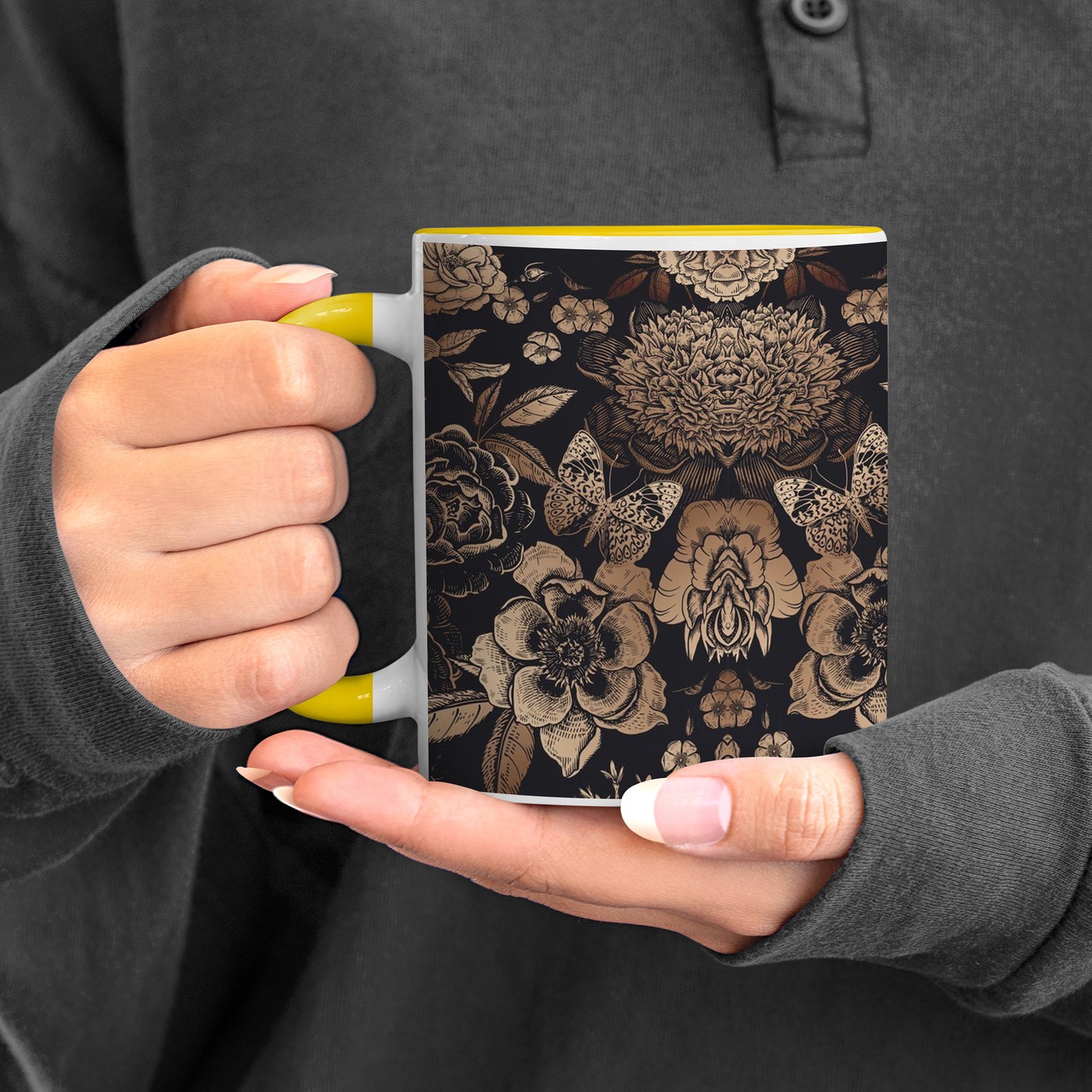 Gold flowers design Pattern Yellow Handle 330 ml Coffee Mug