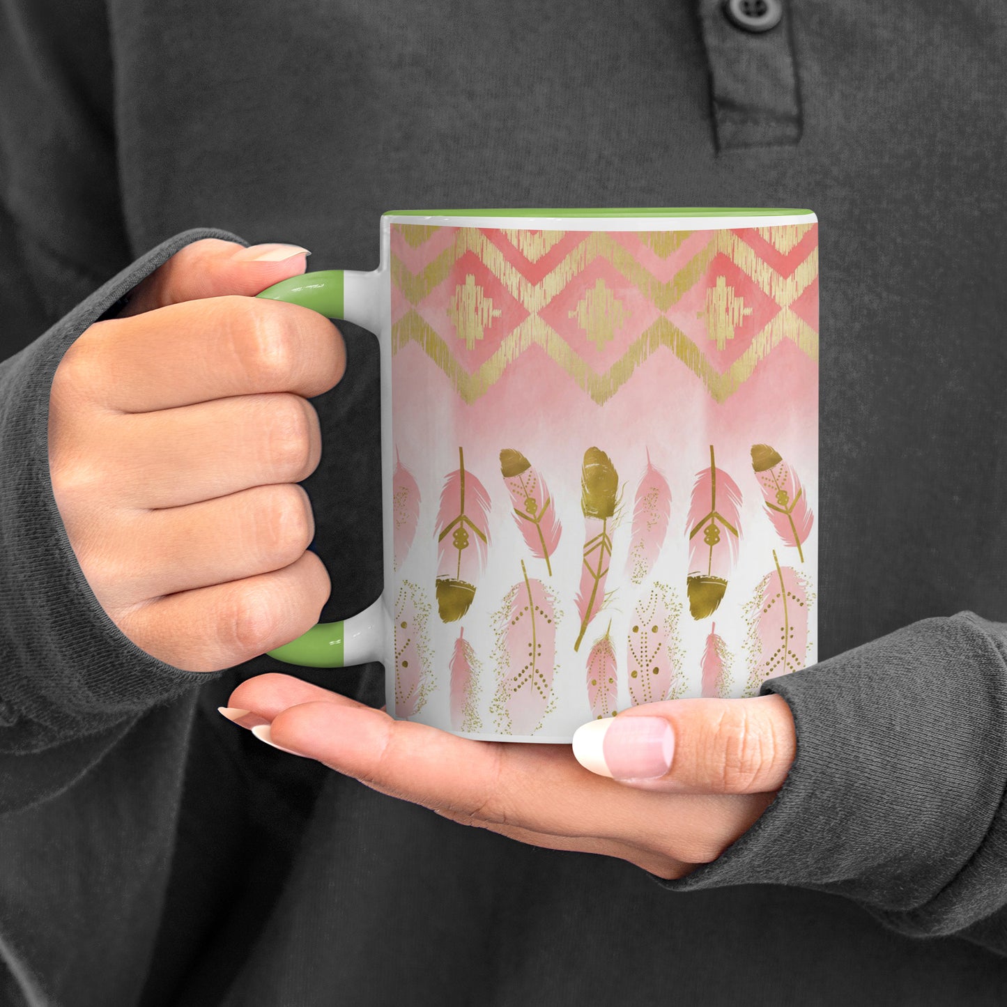 pink plumas design Pattern Lite Green Handle 330 ml Coffee Mug