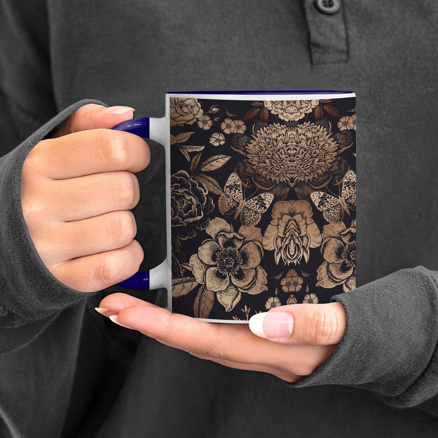 Gold flowers design Pattern Dark Blue Handle 330 ml Coffee Mug