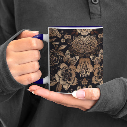 Gold flowers design Pattern Dark Blue Handle 330 ml Coffee Mug